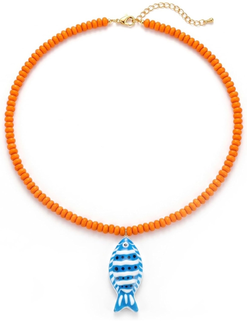 Coastal Orange Beaded Necklace with Blue Striped Fish Pendant